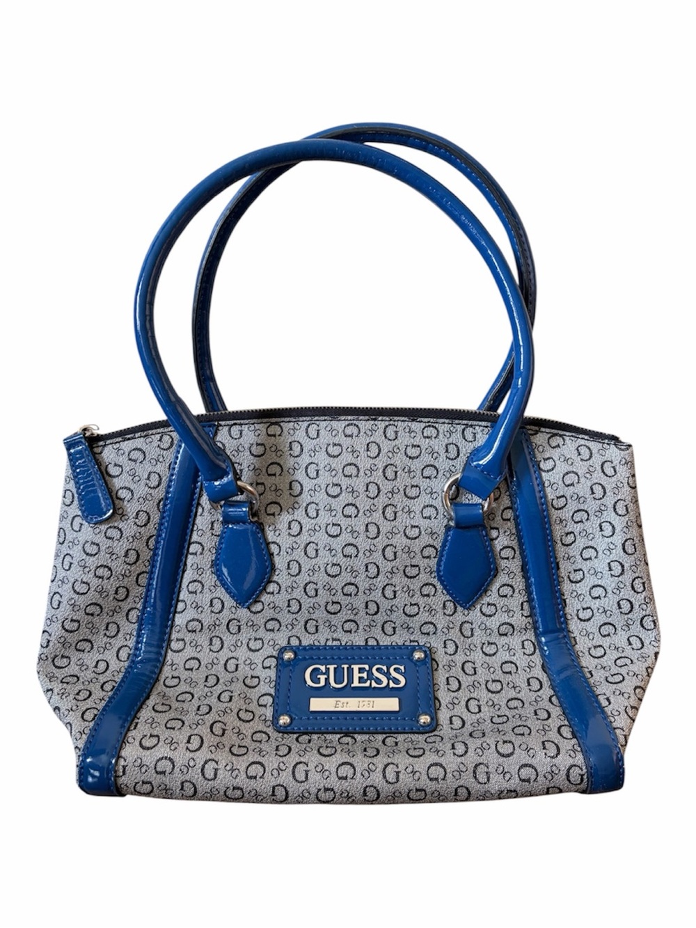 GUESS Blue Monogram Satchel Handbag | Logo Print Patent Trim Shoulder Purse Y2K